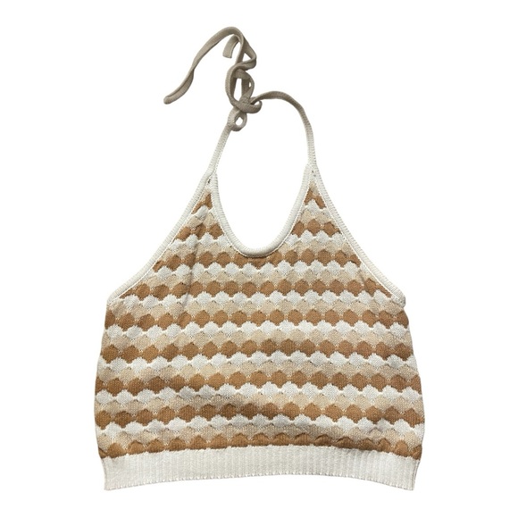 Boho Tan & White Crochet Knit Halter Crop Top | Festival-Ready Summer Must-Have - Picture 2 of 6